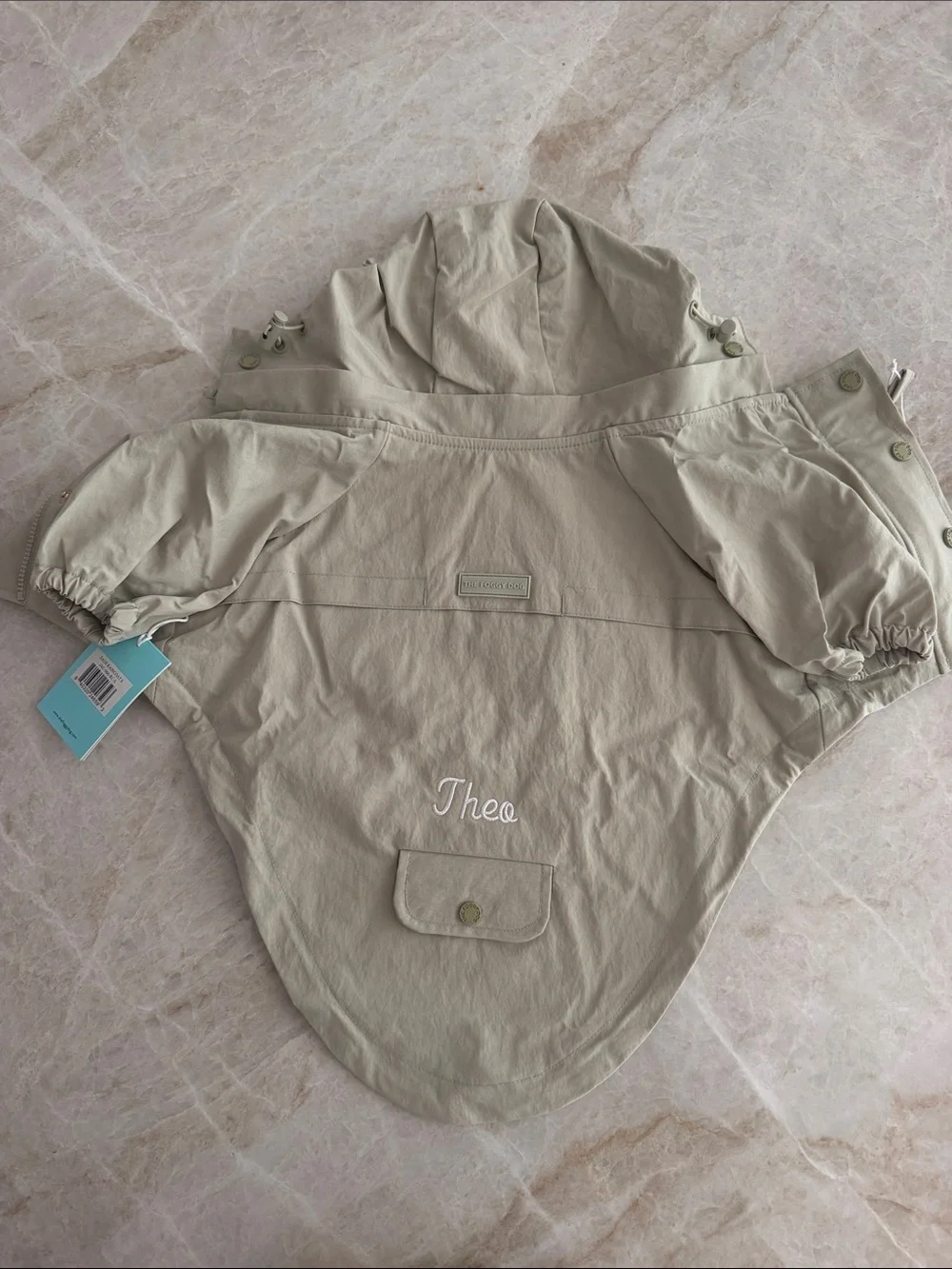THE FOGGY DOG | Sage Raincoat | Size: Small | Embroidered “Theo”